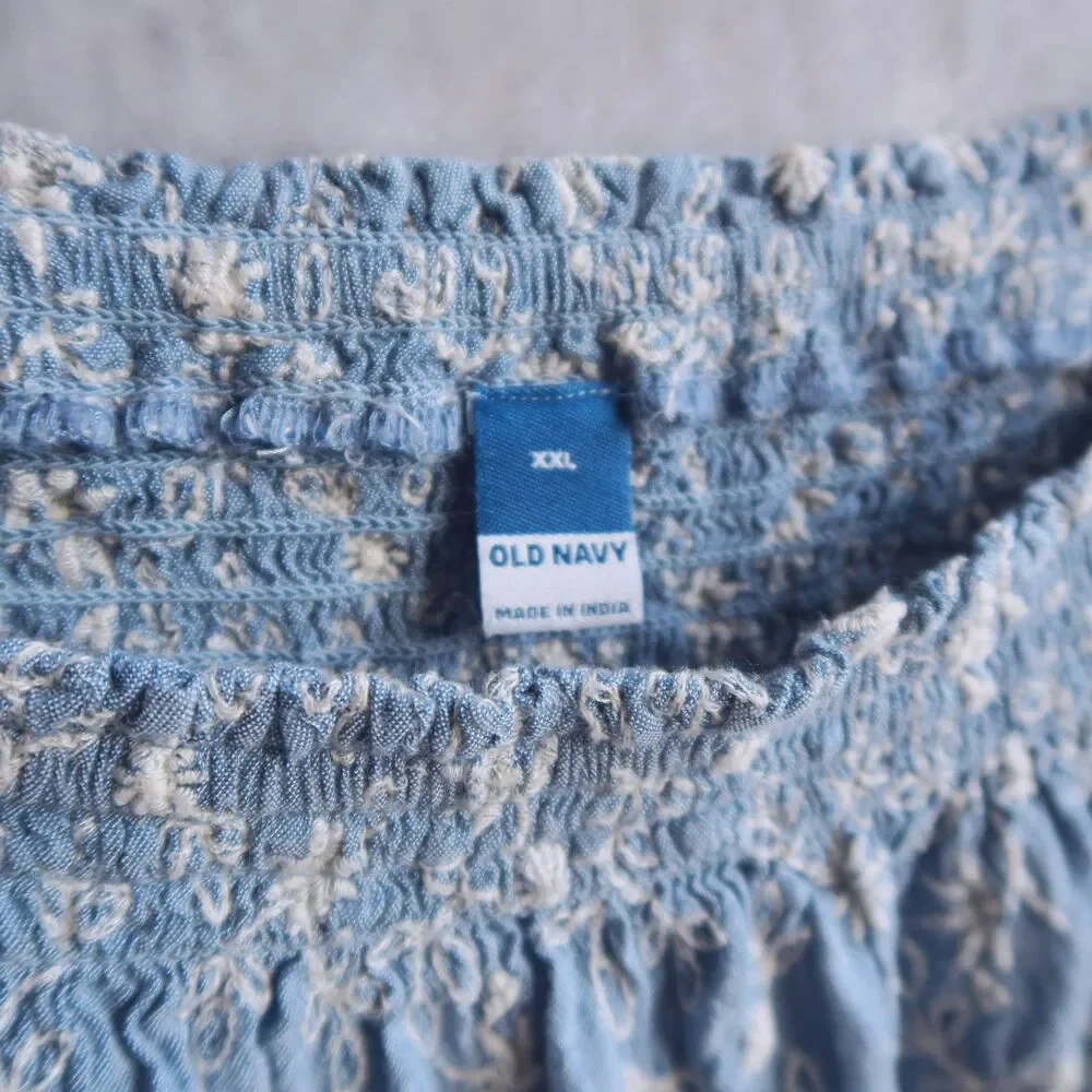 OLD NAVY Blue Floral Puff-Sleeve Babydoll Top Size XXL Embroidered Chambray